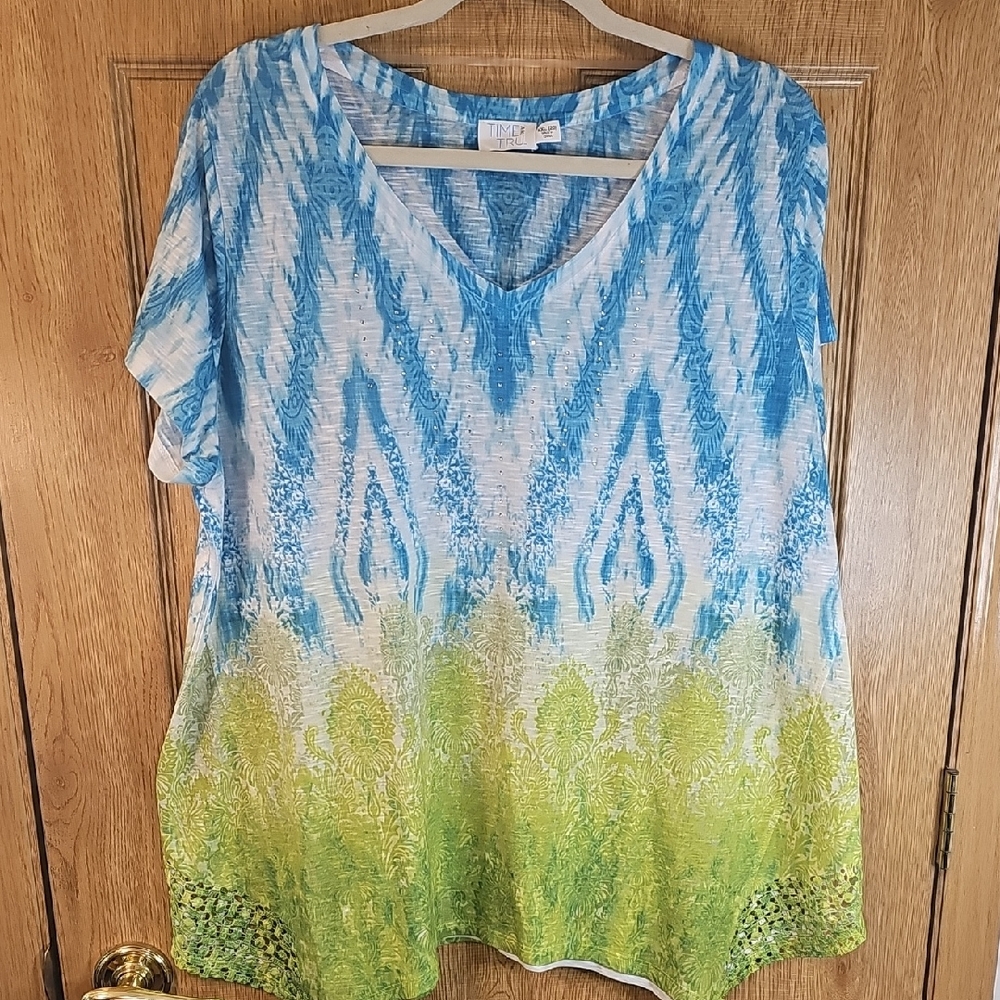 Time and Tru Vivid Blue and Green Blouse